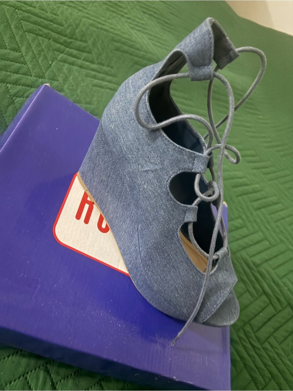 Denim Lace-Up Wedge Sandals - Blue